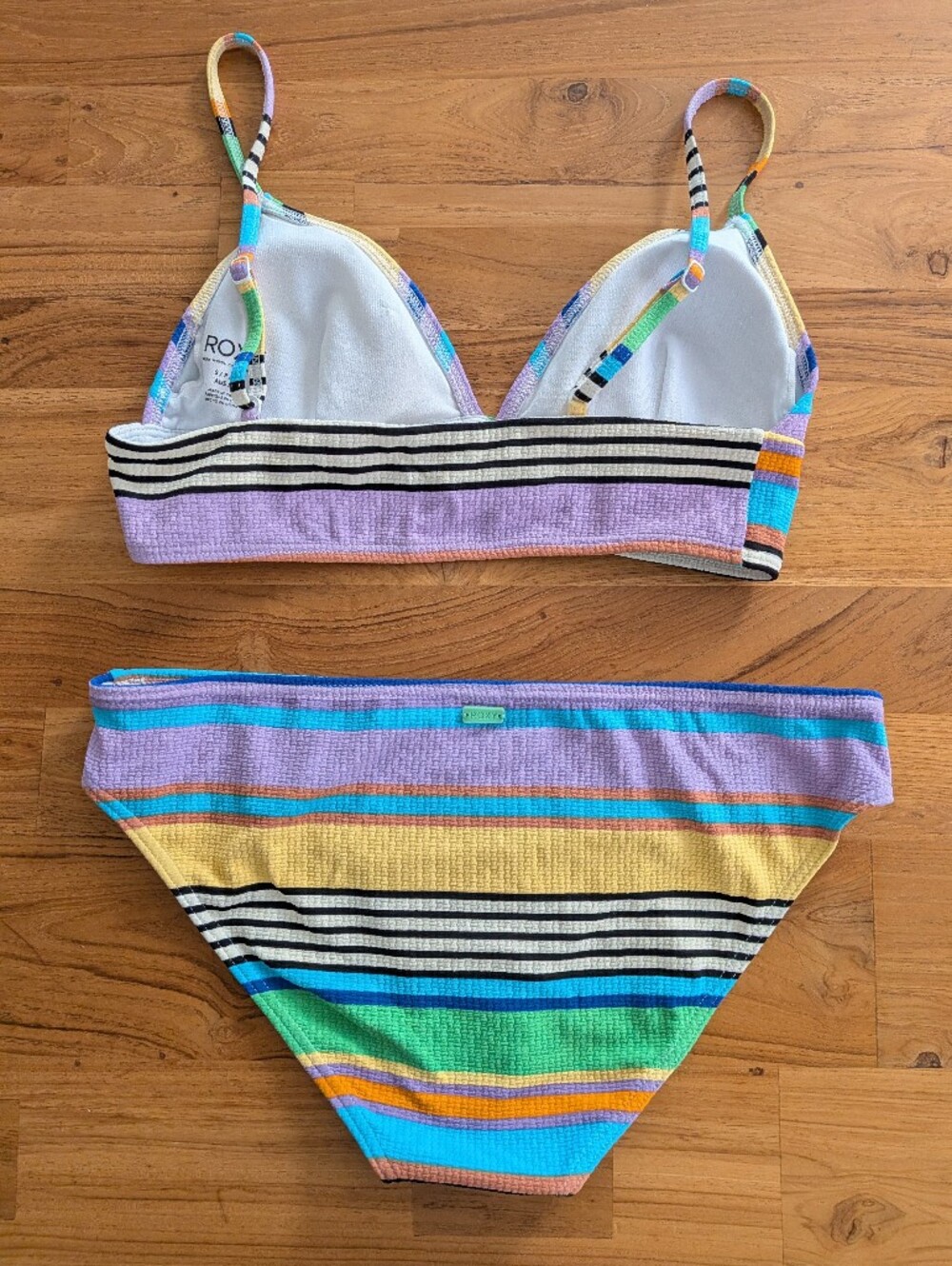 Roxy Color Jam Textured Striped Bikini Fixed Triangle Top S & Hipster Bottom M - Picture 2 of 7